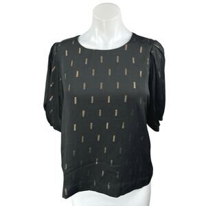 NEW Madewell Black Gold Metallic Jacquard Puff Short Sleeve Blouse Top Size S